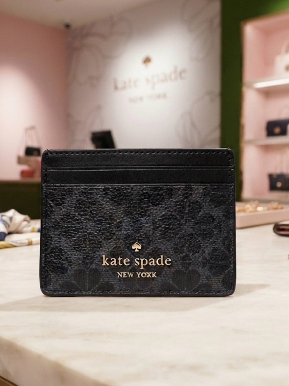kate spade Black Floral Embossed Card Holder with Gold Logo